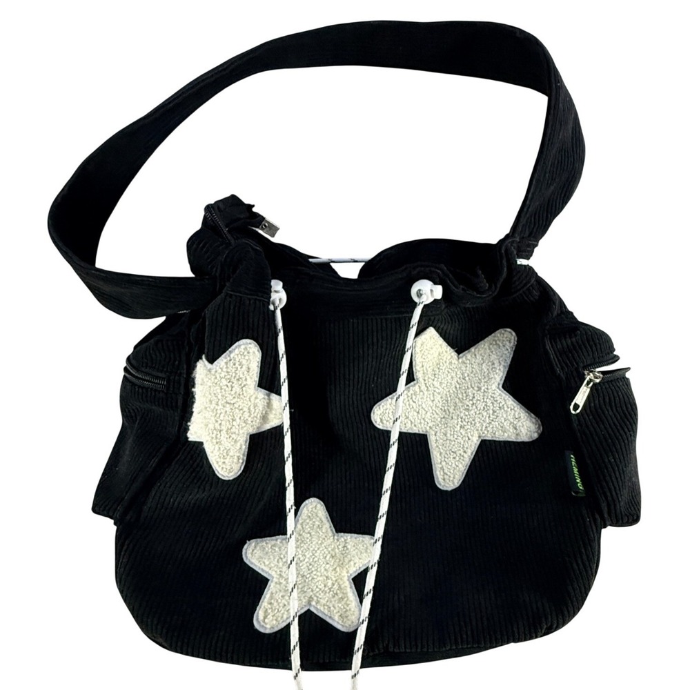 Heming Y2K Black Corduroy Star Shoulder Bag Slouchy Tote Purse Harajuku Grunge